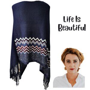 LIFE IS BEAUTIFUL Navy Blue Chevron Design Knit Poncho Shawl - NWT Women's OS